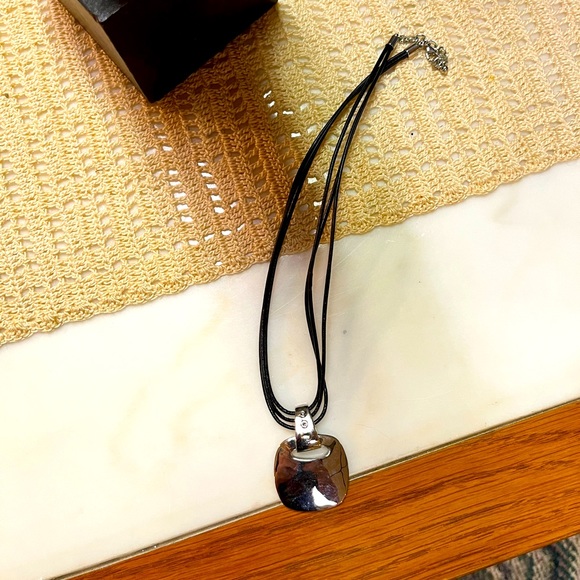 Vintage Jewelry - VTG Costume Jewelry Silver Tone Metal Necklace Pendant on Black Cord
